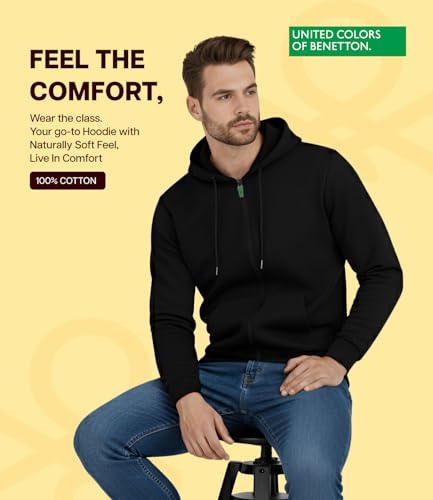 Image of United Colors of Benetton Cotton Hoodies for Men | Pullover | Winter Wear | Zipper Hoodie | Hooded Sweatshirt | Full-Zip with Kangaroo Pockets | Mens Jackets