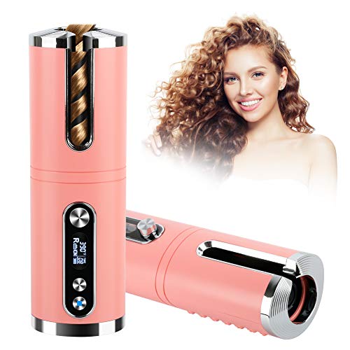 Cordless Hair Curler, Automatic Curling Iron with LCD Display Adjustable Temperature & Timer, Portable USB Rechargeable Rotating Ceramic Barrel Hair Curler Fast Heating