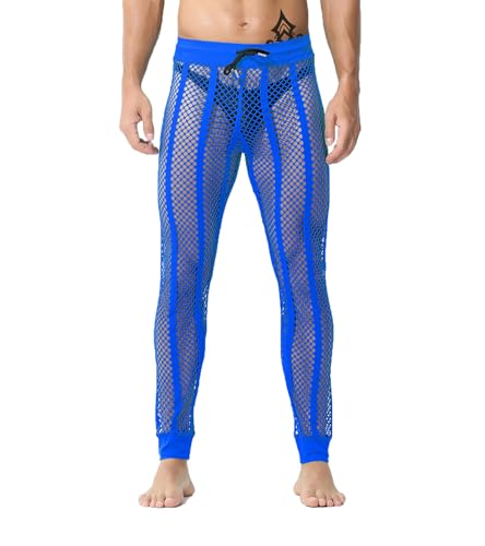 JINSHI Men's Fishnet Mesh Lounge Long Pants Sexy See Through Drawstring Loose Pajama Bottom Muscle Legging Swimwear