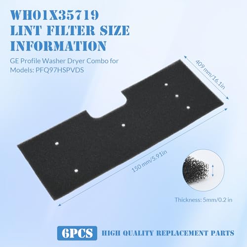 awagas 6 Pack WH01X35719 Lint Filter for GE Profile Washer Dryer Combo, Hand Washable & Reusable Foam Filter Replacement, Compatible with PFQ97HSPVDS Models, Premium 15 x 5.9 in Dryer Vent Accessories