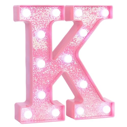 Image of Pink Marquee Light Up Letters, Glitter Alphabet LED Letter Lights for Pink Birthday Party Decorations, Battery Operated Letter Sign for Girls Room Vanity Table Decor, Cool White Lights Letter K