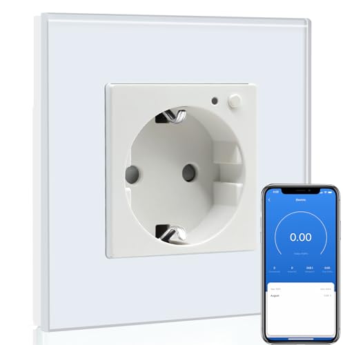BSEED Enchufe Pared WiFi con monitor de consumo de energía, 16A Schuko Enchufe inteligente Compatible con Alexa y Google Home,Control de APP y Función de Temporizador, Blanco