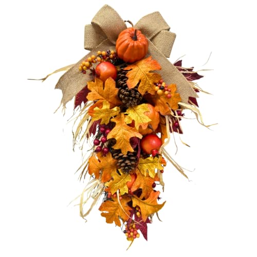 Lnymura 21 Inch Lighted Fall Teardrop Swag with Pumpkins and Pinecones
