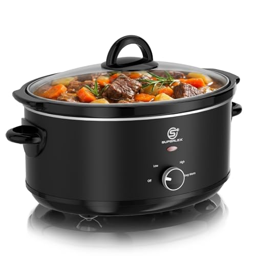 SUPERLEX Slow Cooker 6.5L Oval Crock Pot with 3 Heating Settings, Stainless Steel with Removable Ceramic Inner Pot, Tempered Glass Lid and Cool Touch Handles, Non-slip Feet
