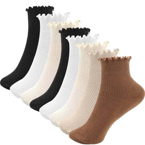 Soleeya 8 Paar Dirndl Socken mit Rüschen Damen 35-39 Atmungsaktive Rüschen Socken Baumwolle Elegante Rüschensocken Ruffle Socks (DE/NL/SE/PL Numerisch 35 39 Regular Regular Mehrfarbig)