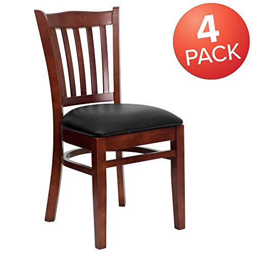Image of Flash Furniture 4 Pack HERCULES Series Vertical Slat Back Mahogany Wood Restaurant Chair - Black Vinyl Seat