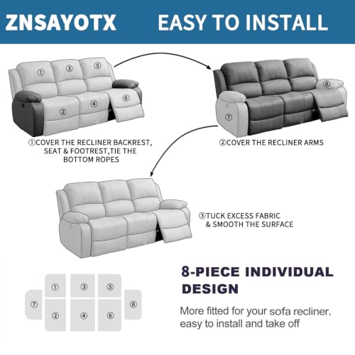 Image of 2026 Sofa Recliner Cover 8-Piece (69 inch-91 inch) Super Soft Recliner Couch Covers with Big Pocket & Anti Slip Ties Stay in Place, Stretch Lazy Boy Reclining Couch Sofa Slipcover Durable Washable, Light Grey