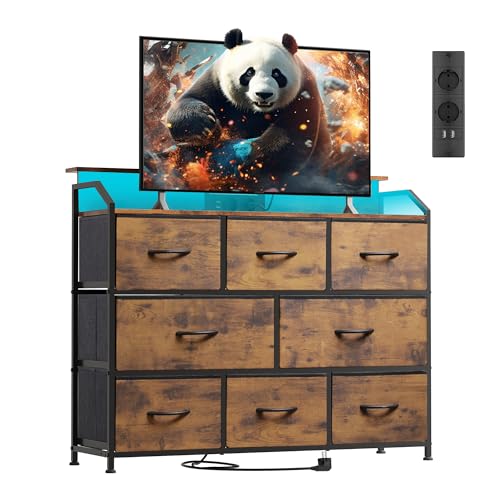 WLIVE Kommode mit LED-Beleuchtung und Ladestation, 8 geräumige und Tiefe Stoffschubladen, Holzplatte und stabiles Stahlgestell für Wohnzimmer und Schlafzimmer, rustikales Braun