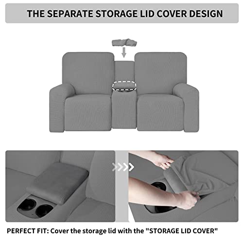 Image of Easy-Going 1 Piece Reclining Loveseat with Middle Console Slipcover | Stretch 2 Seater Loveseat Recliner Cover with Holder and Storage, Recliner Couch Sofa Cover, Furniture Protector Light Gray