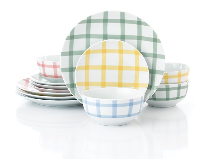 Waterside 12pc Porcelain Dinner Set, Gingham Pastels; 4 Dinner Plates, Side Plates and Deep Bowls - Dishwasher & Microwave Safe