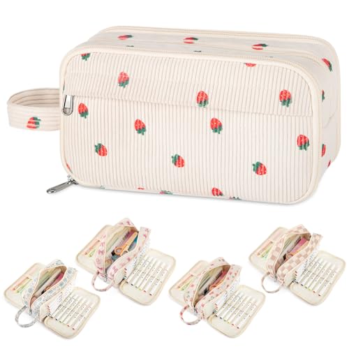 ARUICO Cute Corduroy Pencil Case Pouch with Convenient Handle Extra Large 4 Compartments Multiple Pockets Markers Crayons Storage Organizer Stylish Pen Case for Teen Girls College (Beige Strawberry)