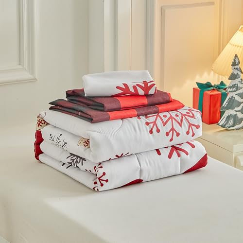 Image of Christmas Toddler Bedding Set for Boys Girls Red White Sock Colorful Holiday 4PC Toddler Bed Set - Cute Toddler White Bed in a Bag with Gray Red Snowflake