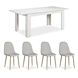 Ensemble de salle à manger de style campagnard avec 4 chaises et 1 table à manger blanche avec plateau extensible et assise grise.