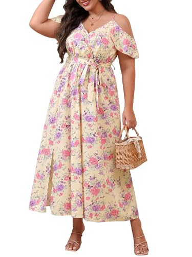 Image of Floerns Women's Plus Size Cold Shoulder Short Sleeve Split Thigh Long Dress