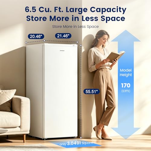 Image of BANGSON 6.5 Cu.ft Upright Freezer, Stand up Freezer with Adjustable Thermostat, Removable Leg, Reversible Single Door, for Bedroom /Home /Dorms /Apartment, White