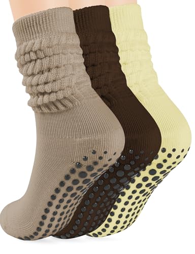 AURUZA Grip Pilates Yoga Socks for Women, Slouch Socks with Grip for Barre Workout Hospital Long Scrunch Slipper Socks