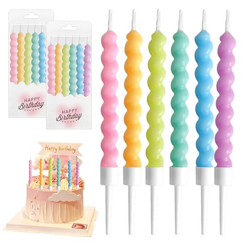 YIMETOP 12Pcs Twisty Birthday Candles, Rainbow Decoration Cupcake Candles Party with Holders, Long Thin Coil Spiral Cake Candles for Birthday Wedding Party