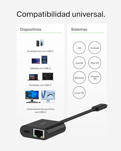 Belkin Connect Adaptador USB-C a Ethernet + Carga de 100 W, 1 Puerto Gigabit Ethernet y 1 Puerto USB-C, conexión rápida de Internet de [10/100/1000] Mbps, para iPhone 16, 15, Samsung Galaxy S24 y más - imagen 6