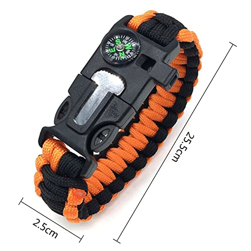 Paracord Bracelet, Adjustable, Fire Starter, Loud Whistle, Perfect for Hiking, Camping, Fishing and Hunting (Orange and Black)