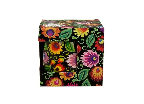 Taste of Poland Polish Folk Art Porcelain Barrel Mug with Tea Infuser & Lid, 430ml (Lowicz Black)