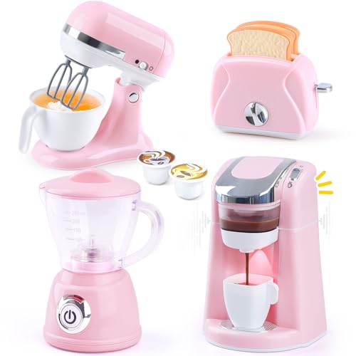 PLAY Kinderküche Zubehör Set, Kinder Spielzeug Küche Set mit Kaffeemaschine, Mixer, Mixer und Toaster mit Realistische Beleuchtung und Sound, Küchengeräte Spielküche Zubehör Set für Kinder 3+ (Rosa)