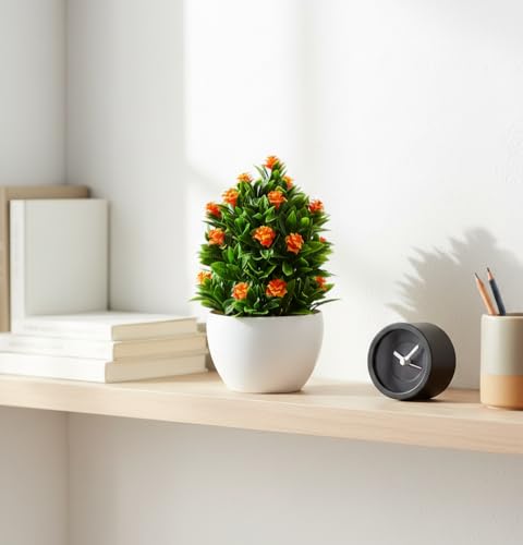 Image of Foliyaj Artificial Plant with Orange Roses in White Pot for Interior Decor | Faux Plant for Desks, Shelves and Side Tables for Your Home and Office | Fake Plants for Indoor Decoration