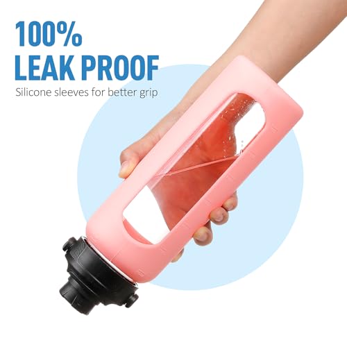 Image of 24oz Glass Water Bottle with Straw and 2 Lids, Pink
