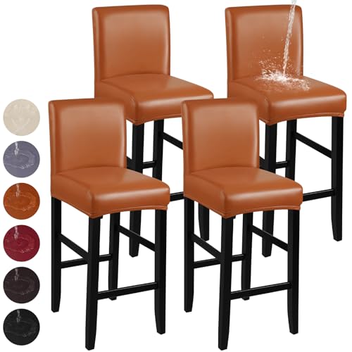 Image of YISUN Bar Stool Covers, Stretch Waterproof PU Bar Stool Slipcover Removable Washable Bar Stool Chair Covers, High Chair Cover with Elastic Bands (4 Pack, Light Brown)
