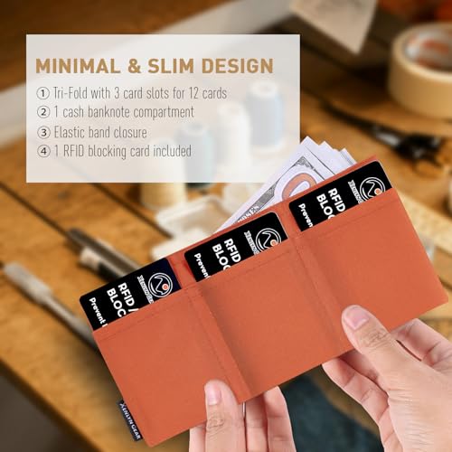 Image of Minimalist Slim Wallet for Men, Heavy Duty Ripstop Nylon Trifold Wallet, Water Resistant Durable Front Pocket Wallet with Elastic Band, Large Capacity, Includes 1 RFID Blocking Card, Brown