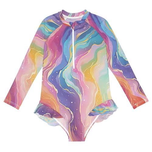 ALAZA Swimsuit for Girls Long Sleeve Rashguard Bathing Suit Rainbow Starry Sky Quick Dry 4T