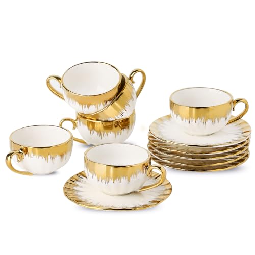 Letaotao BD-90ML-6 Espresso Cups And Saucers, 2.5 Oz Porcelain Espresso Cups Set Of 6, Ceramic Coffee Cups With Gold Trim, Espresso Mugs, Mini Demitasse Cups cover