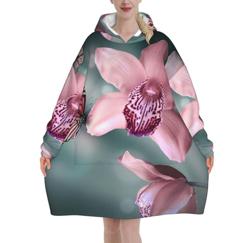 Couverture à capuche en flanelle motif orchidée et papillon avec manches et poche