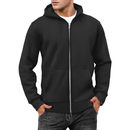Hooded Sweatshirt for Men Full Zip Up Loose Fit Fleece Sweatshirt Casual Solid Basic Hoodie Fall Winter Active Jacket