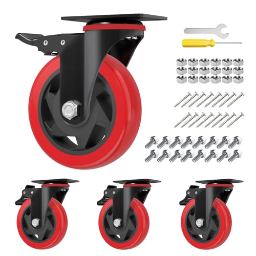 4 inch Swivel Caster Wheels with Safety Total Lock, Total Capacity 1200lbs, 360 Degree Heavy Duty Plate Casters (Pack of 4,Red)