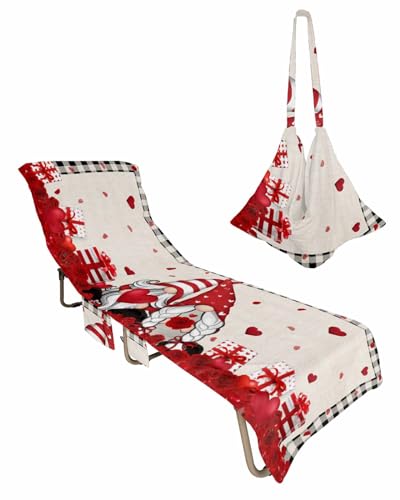 Red Gnomes Valentine Beach Lounge Chair Towel Cover, Soft Chaise Lounge Towel with Side Pockets Patio Pool Chairs Cover for Beach/Pool Sunbathing 29x85 Love Heart Black White Plaid