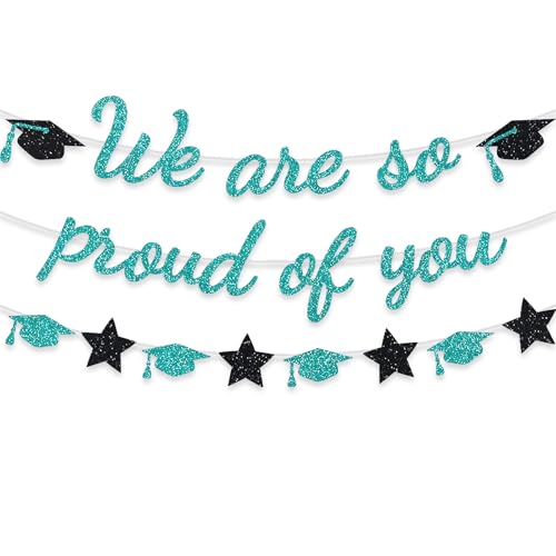 Image of We Are So Proud Of You Banner Graduation Party Decorations Glitter Congratulations Class Grad Ideas Teal