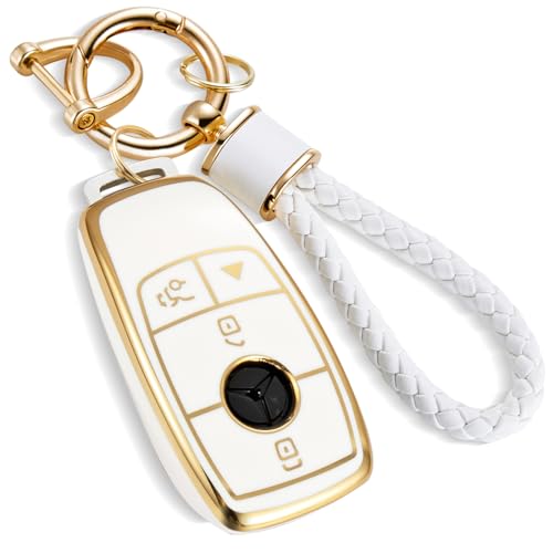 Image of for Mercedes Key Fob Cover with Metal Braided Rope Keychain, Upgraded Soft Case for Benz GLC GLE GLA GLB GLS AMG A C E G S Class (4 Buttons) Shell (Gold Edge, B2)