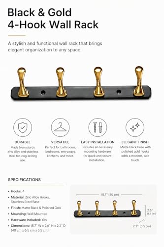 Image of ELUVIA Zinc Alloy 4 Pin Wall Hooks for Hanging Cloth and Towel Hangers for Wall Hook,Hook Rail Home Bathroom Kitchen & Bedroom (Pack of 1, Gold Black, 4 Hook)