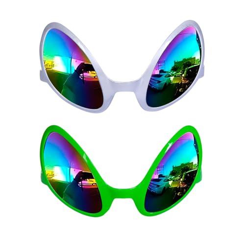 ALVOGIMOR 2 Pairs Alien Glasses Silver & Green Alien Eyes Glasses for Festivals Cosplay Halloween and Everyday Wear