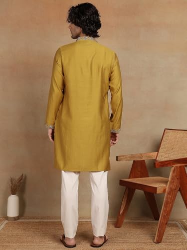 Image of Amazon Brand - Tavasya Men Printed Kurta with Ethnic Motif Border | Special Haldi Kurta | Festive Embellished Long Kurta | Embroidery Kurta | Ethnic Wear | Mandarin Collar | Knee Length
