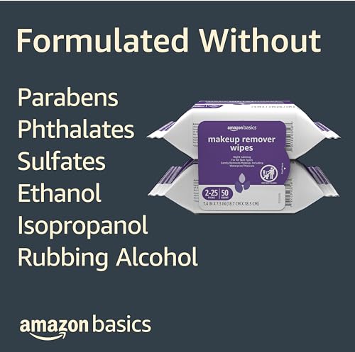 Amazon Basics Makeup Remover Wipes, Gentle Cleansing, Dermatologist Tested, Night Calming, Plant Based, Alcohol-Free, Removes Waterproof Mascara, 25 Count Per Pack, Pack of 2