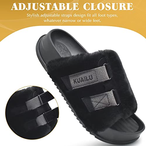 Kuailu Womens Platform Slipper With Arch Support Soft Cushion Faux Fur Sandals Open Toe House Slipper Fluffy Slides Indoor Outdoor,Black Size 7 #TOP1