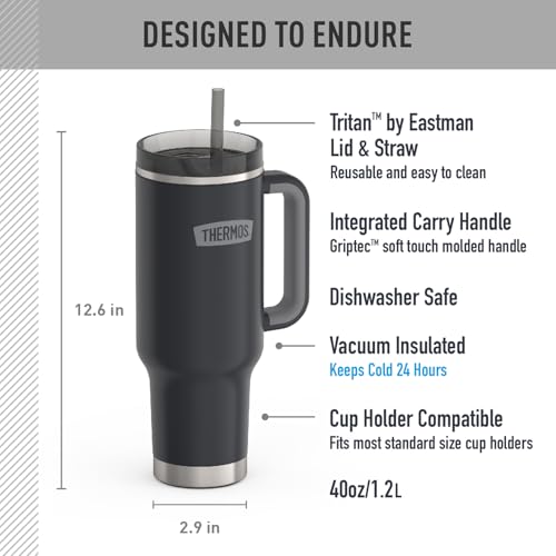 Image of THERMOS Stainless Steel Cup Holder Mug - 40 Ounce, Granite - Insulated Tumbler with Lid and Straw, Plus Leak-Resistant Slide Lock