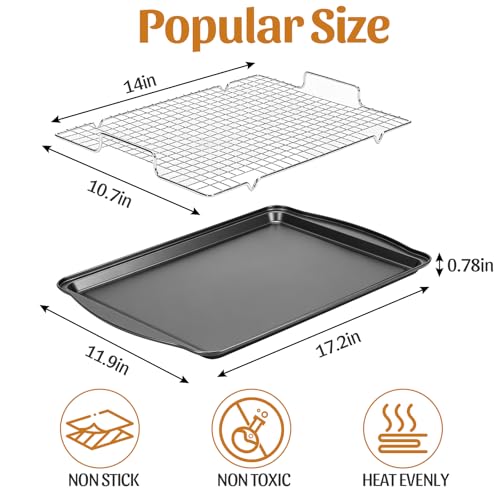 Image of 17.3 inch Large Baking Sheet with Rack & Glove, Carbon Steel Cookie Sheets for Baking, Nonstick Heavy Duty, Dishwasher Safe, Easy Clean, Dark Gray