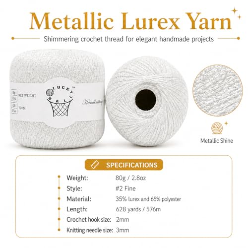 Image of 80g Sparkle Silver Lurex Thread Shining Yarn, Metallic Crochet Thread Yarn for Crocheting, Sparkle Metallic for Knitting Clothes, Car Charm, Keychain Charm(White)