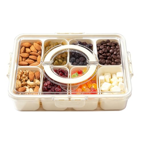 Minifactory Snackle Box with 8 Removable Compartments Divided Serving Tray with Airtight Lid & Handle Plastic Snack Container Organizer for Charcuterie Candy Fruits Nuts Travel Picnics (1Pc)