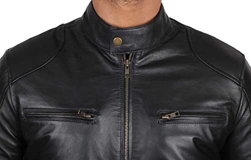 Image of Blingsoul Leather Jacket Men - Real Lambskin Cafe Racer Motorcycle Style Jacket for Mens