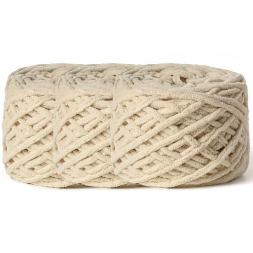 Image of 3 Pack Fluffy Chenille Chunky Yarn for Crocheting 100g(65.6yd) - Baby Yarn for Crocheting Soft - Velvet Yarns for Crochet Blanket - Amigurumi Crochet Yarns (Beige)