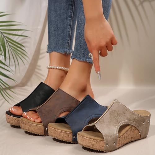 Cork Wedges & Platform Slides for Women,Women's Thick Sole Comfy Leather Wedge Non-slip Summer Sandals3