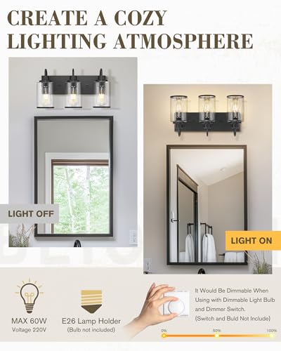 Image of Beionxii 3 Light Matte Black Vanity Light, Bathroom Light Fixtures with Clear Glass Shade, Bathroom Lighting Fixtures Over Mirror, Black Wall Lights for Mirror Living Room, BX-VL01MB-3CG